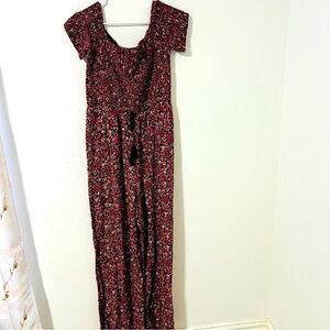 Xhilaration Women’s XL Ribbed Top Jumpsuit XL with Pockets Floral Burgundy Boho